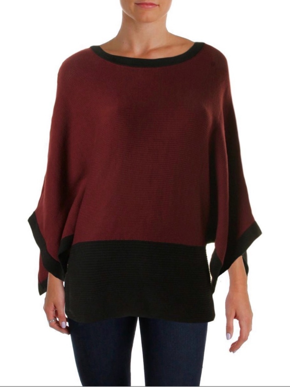 Alfani Burgundy and Black Colorblock Poncho Sweater
